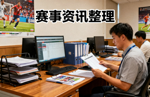 体育新闻编辑部整理赛事资料的场景，赛事资讯配图