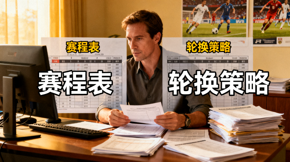 体育新闻编辑整理赛程与赛事资料的场景，赛程与轮换策略文章配图