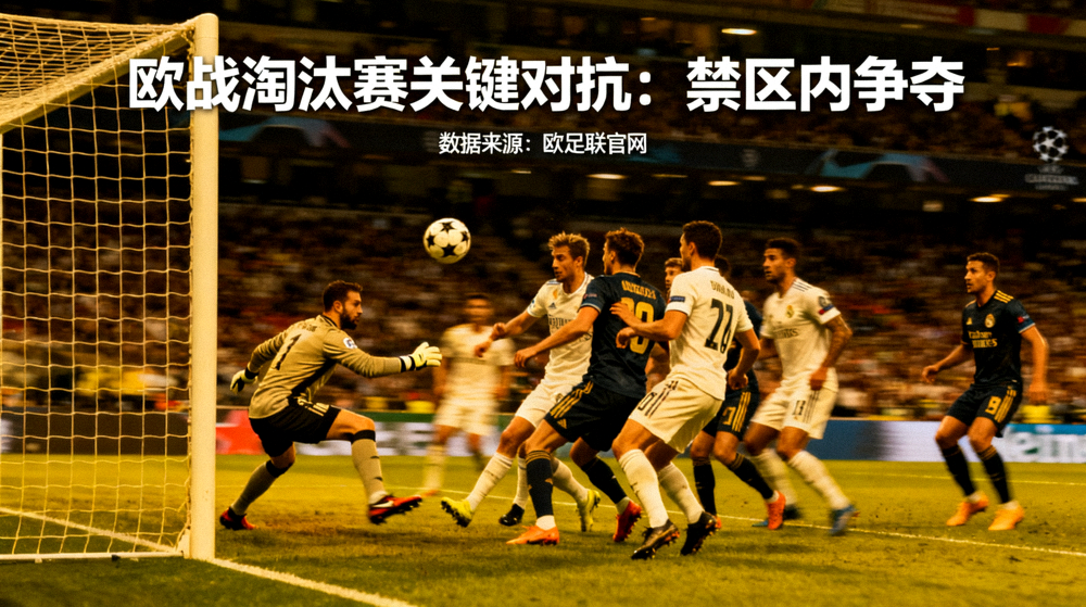 足球比赛中球员在禁区内争抢的画面，欧战淘汰赛赛前分析配图